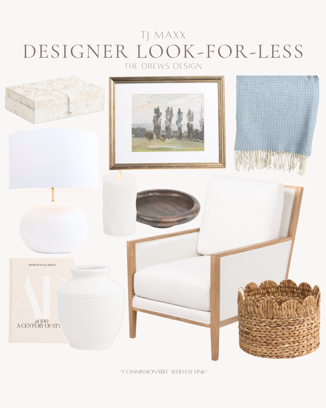 TJ Maxx home finds include scalloped basket, accent chair, decorative bowl, table lamp, candle, vase, coffee table book, throw blanket, wall art, and decorative box.

Looks for less, designer looks for less, coastal home, home decor

#LTKFindsUnder100 #LTKHome #LTKFindsUnder50