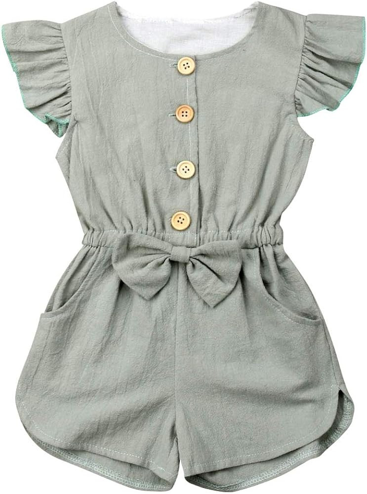 Toddler Kids Baby Girl Flutter Sleeve/Sleeveless Romper Jumpsuit Botton Down Shirt Tops with Bowk... | Amazon (US)