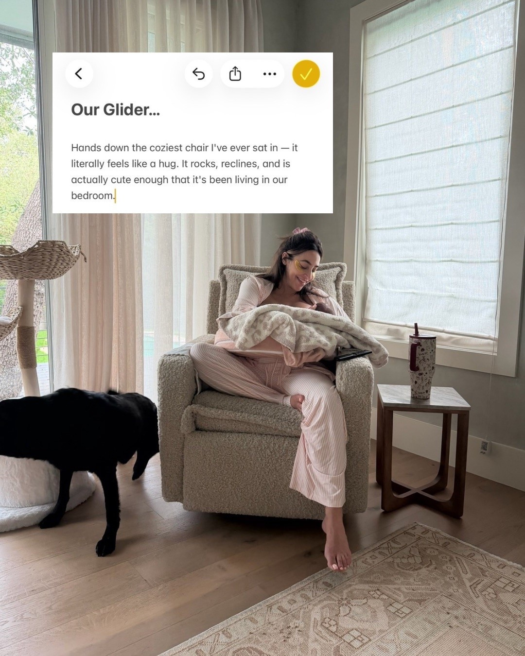 Our Glider… 

Hands down the coziest chair I've ever sat in — it literally feels like a hug. It rocks, reclines, and is actually cute enough that it's been living in our bedroom.