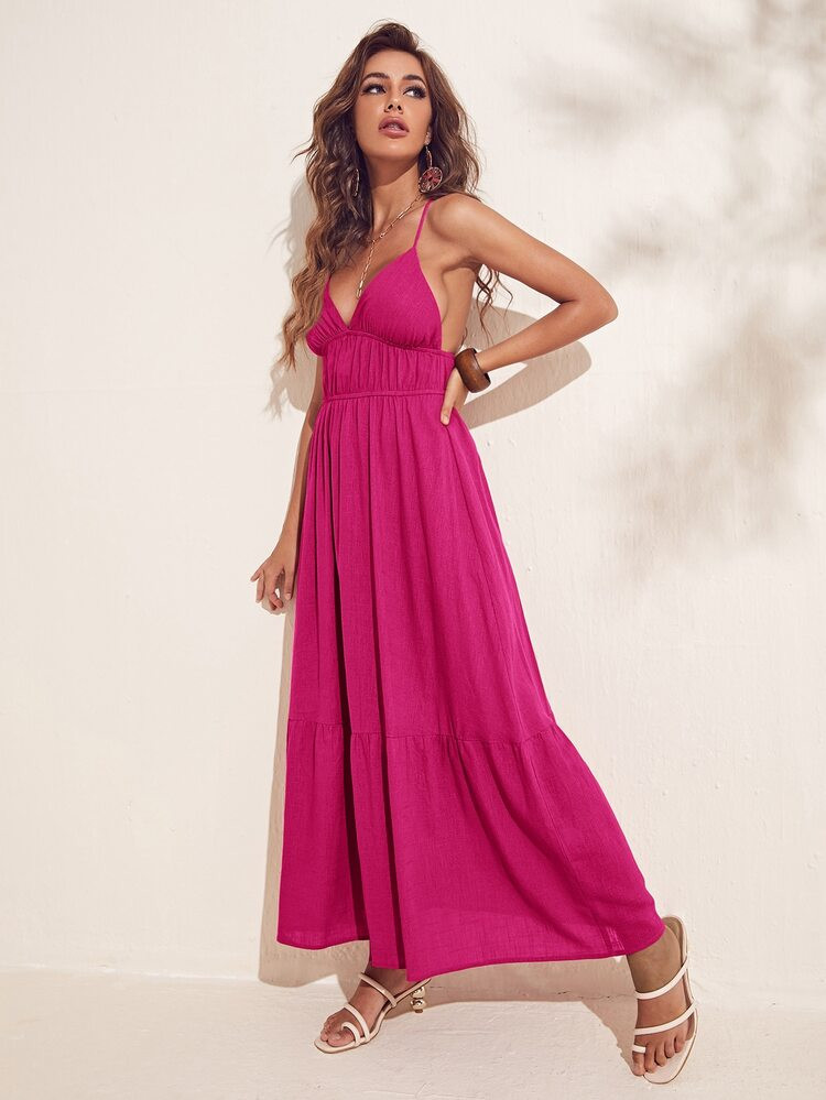 SHEIN Criss Cross Backless Ruffle Hem Cami Dress | SHEIN