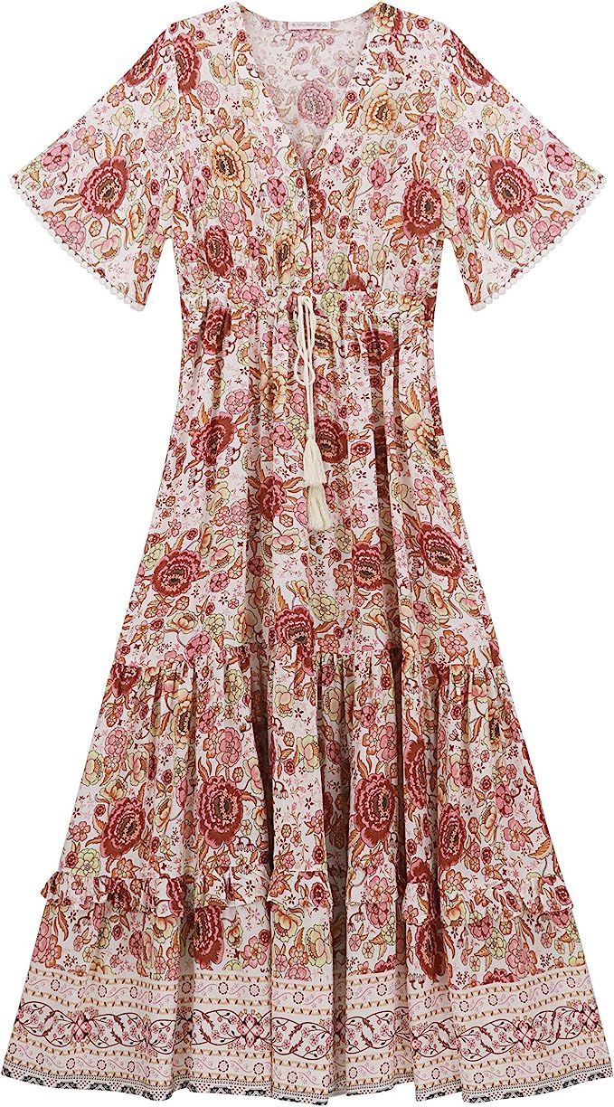 R.Vivimos Womens Summer Cotton Short Sleeve V Neck Floral Print Casual Bohemian Midi Dresses | Amazon (US)