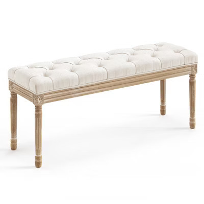 Arceso 44" Bedroom Bench, Vintage French Tufted End of Bed Bench, Upholstered Fabric Ottoman Bench with Carved Wood Legs, Beige | Target