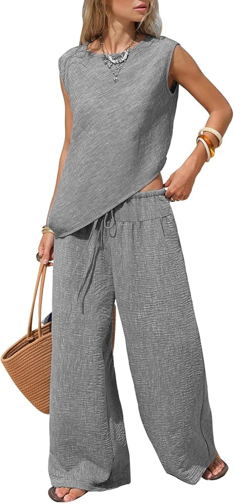 EXLURA Womens Summer Two Piece Sets Cotton Asymmetrical Tank Tops Wide Leg Pants Set Faux Linen B... | Amazon (US)