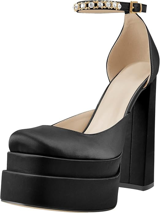 onlymaker Women's Chunky Heel Platform Sandals Crystal Clasp Square Toe Rhinestone Ankle Strap Sa... | Amazon (US)