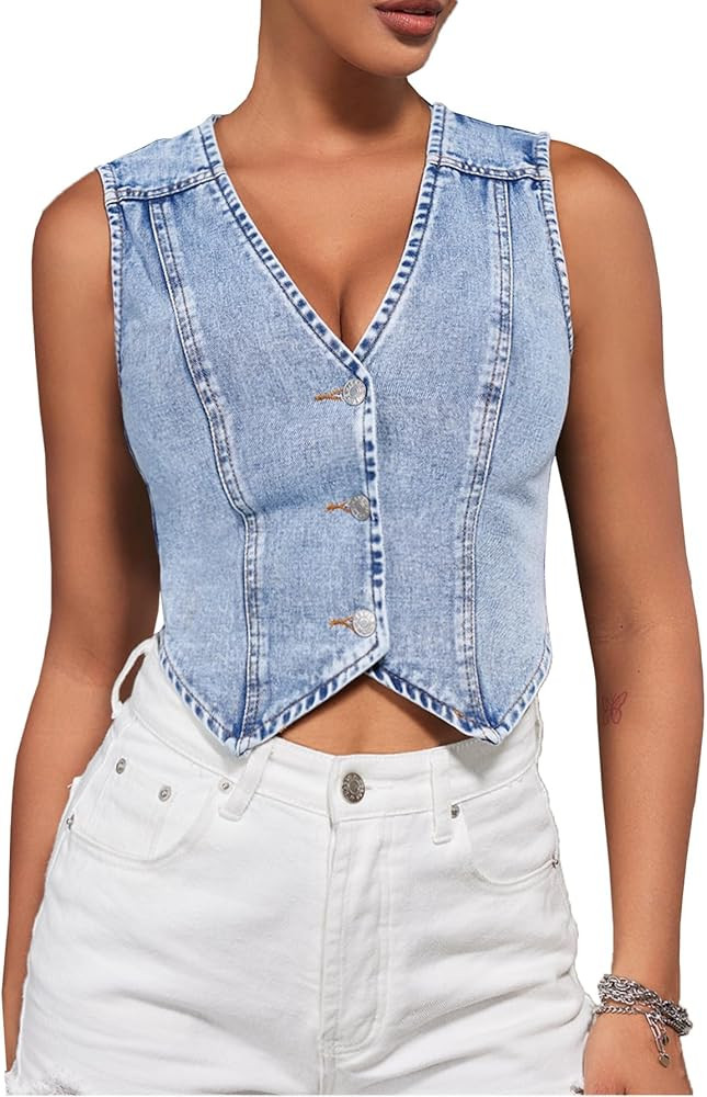 SHENHE Women's Denim Vest Button Down Sleeveless Jean Vest Top Y2K Cropped Denim Jacket Country F... | Amazon (US)
