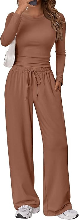 Trendy Queen Women's 2 Piece Matching Lounge Set Long Sleeve Side Ruching Top Wide Leg Drawstring... | Amazon (US)