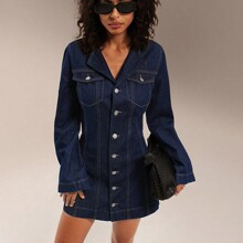 Winter New Denim Dress With Turndown Collar, Waist Drawstring, A-Line Silhouette, Long Sleeve High Street Casual Dress Santa Dress Winter Women Cloth | SHEIN