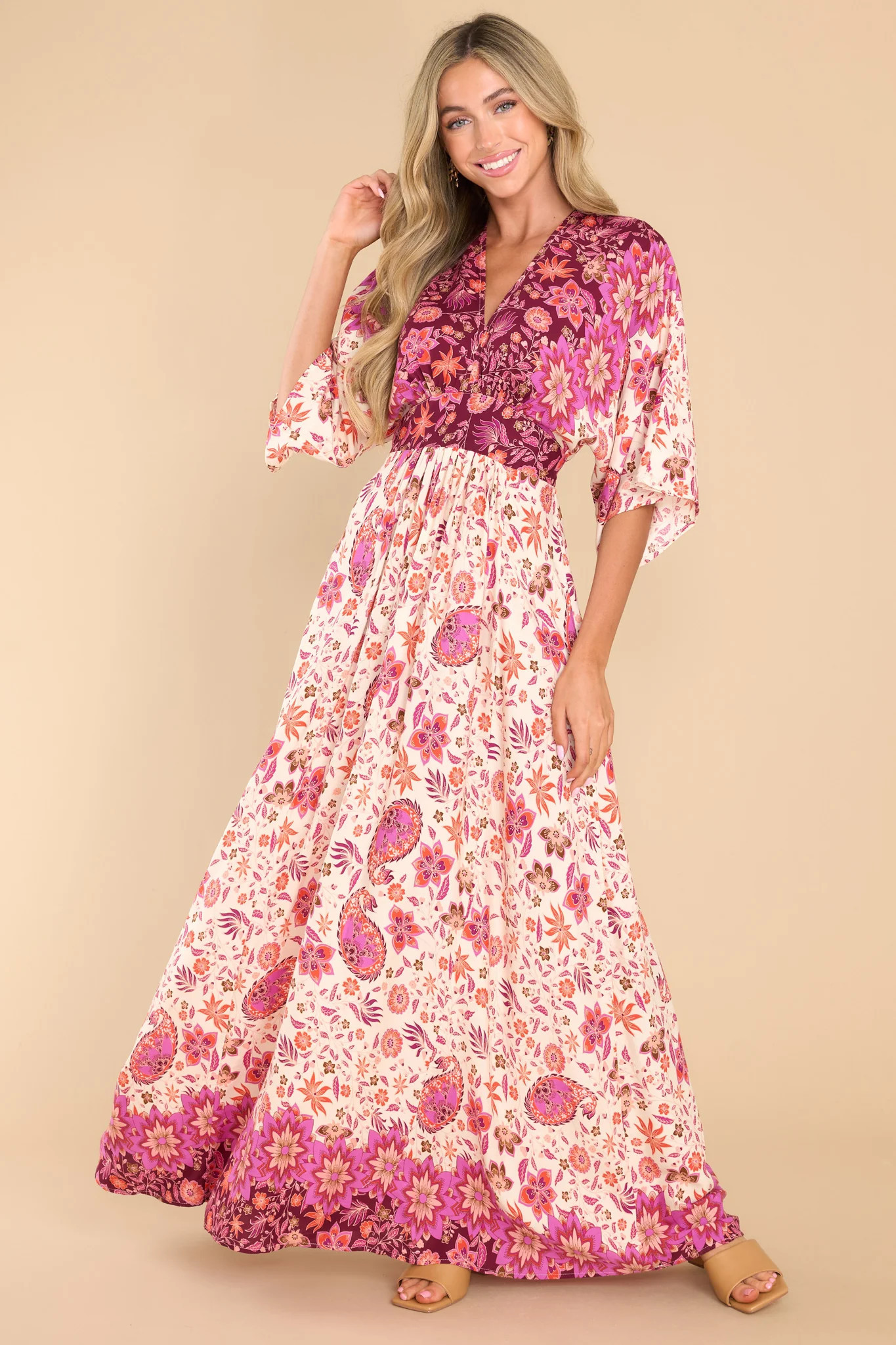 Charming Breeze Burgundy Print Maxi Dress | Red Dress 