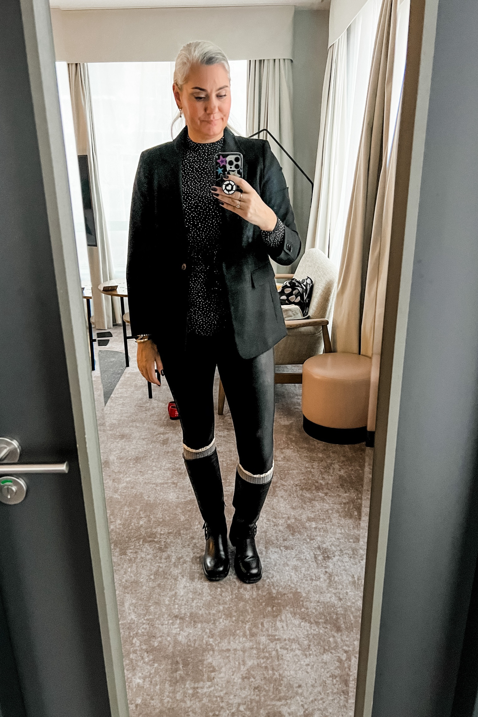 Ootd - Saturday. Spanx faux leather leggings, knee high socks, glitter top, black blazer and biker boots. Red bow in hair. 

#LTKgift 

#LTKSeasonal #LTKparties #LTKHoliday