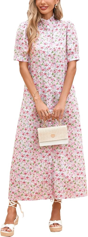 Women's Floral Button Down Shirt Midi Dress Casual Puff Sleeve Ruffle Collar Dress Summer Beach P... | Amazon (US)