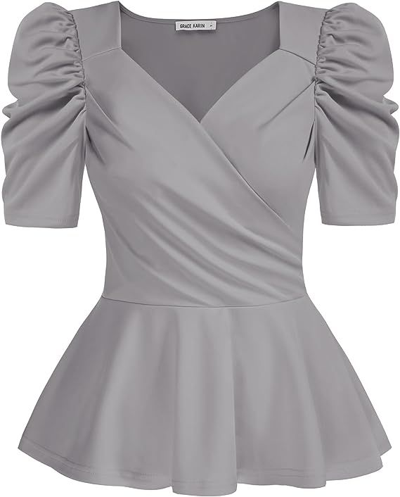 GRACE KARIN Women Wrap Tops Puff Sleeve Peplum Top Elegant V Neck Summer Tops Fitted Blouse | Amazon (US)