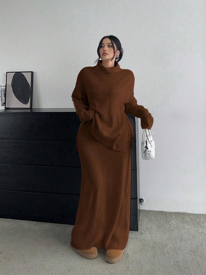 POPSWAY Fashionable & Versatile Minimalist Turtleneck Top + Split Maxi Skirt Knitted Sweater Set,... | SHEIN