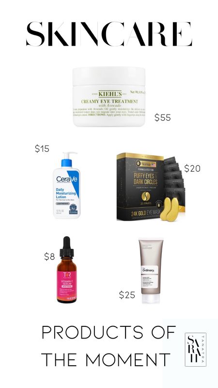 Skincare products I love
Kiehls avocado eye cream 
Cera v moisturizer 
Anti-aging eye patches 
Brightening cream 
Vitamin c serum 

#LTKbeauty #LTKunder50 #LTKunder100
