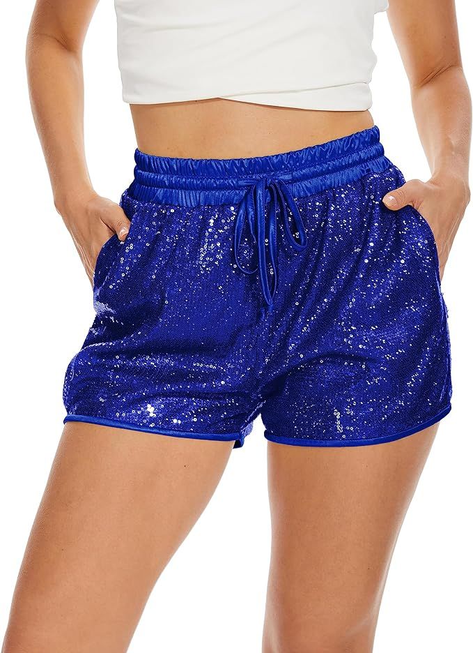 PESION Sequins Rave Shorts for Women High Waist Casual Loose A Line Hot Pants Sparkly Clubwear Ni... | Amazon (US)