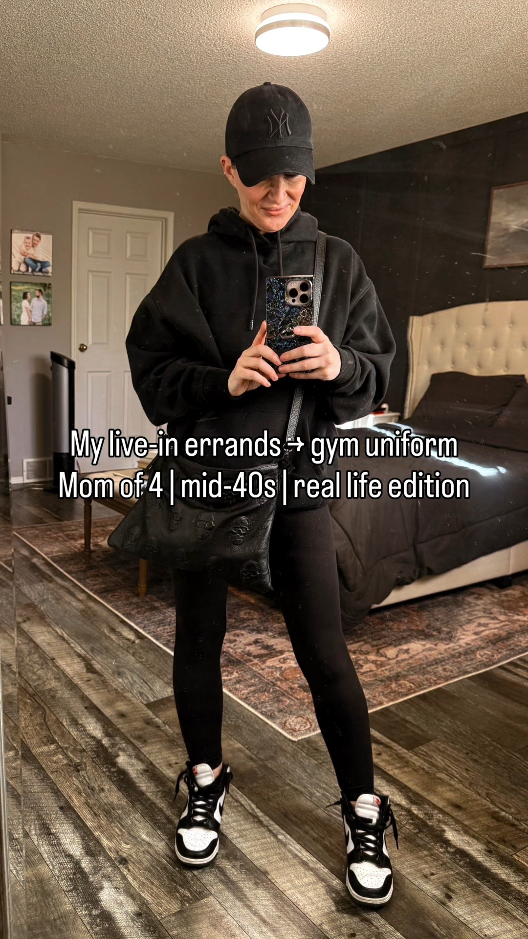 My live-in errands to gym uniform for a mom of 4 in her mid-40s.

New Year’s chaos edition: bank account drama, last-minute errands, gym squeeze-in, Chinese food tradition, and a very casual night at home.

I swear by my 25” Align leggings + Nulu bra (size 8), my go-to tee I own in multiple colours, also 8! and the Amazon Essentials hoodie I layer with nonstop (size M). Chinook weather means no coat, just layers.

Finished with classic Nike high tops, NY cap, and my everyday skull bag + wallet combo.

#LTKwinter #LTKcanada #LTKfitness