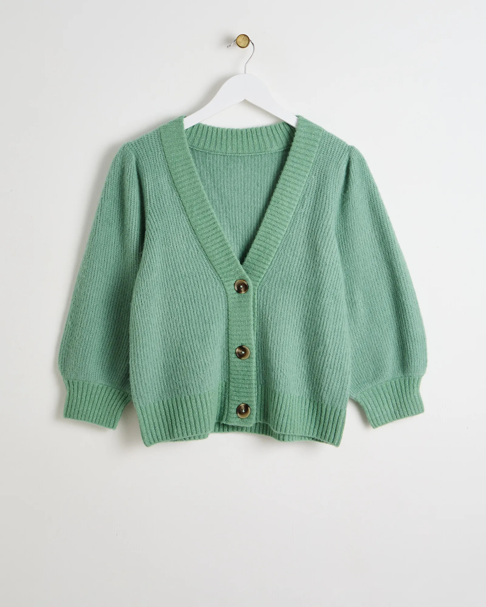 Sage Green Puff Sleeve Sparkle V-Neck Cardigan | Oliver Bonas | Oliver Bonas (Global)