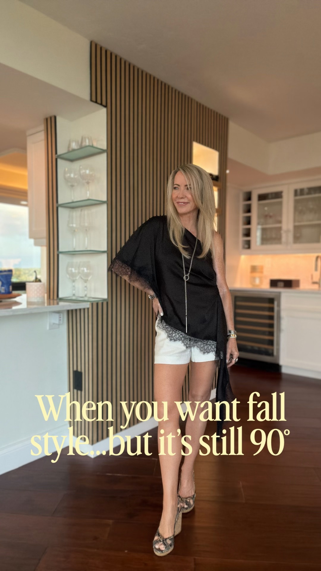 Fall mood, summer temperatures. When it’s still too hot for sweaters, I’m leaning into fall with black, ivory, lace and a little animal print. This asymmetrical top makes simple shorts feel instantly elevated—such a good transitional look for right now. Everything linked here!

#LTKgrwm #LTKOver40 #LTKPetite