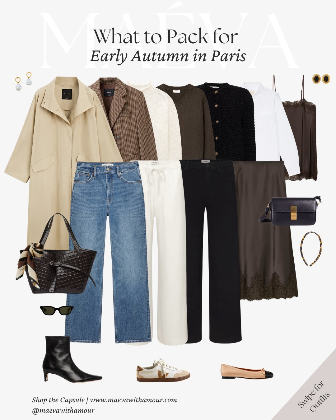 What to Pack for Early Autumn in Paris 🤎 Featuring 13 Outfit Ideas for Fall

Early autumn is one of my favorite times to dress for, and for this edit I created a capsule wardrobe inspired by Paris, built around light layers, soft knits, tailoring, denim, ballet flats, sneakers, and a classic trench! Featuring 13 outfit ideas designed to mix and match effortlessly, these are looks for travel days, long walks through the city, shopping, lunch, dinner, evenings out, and everything in between 🍂

And while Paris was the inspiration, this capsule is designed to go far beyond it 🤍 Think of these as easy outfit formulas you can recreate, pack for a fall trip, or use as inspiration for everyday dressing throughout the season, featuring several pieces and styles I also personally own and love! 

🧳 I’ve also shared all 13 outfit ideas, packing notes, styling tips, and personal recommendations over on maevawithamour.com

👉 Save this for your next fall trip or anytime you need a little early autumn outfit inspiration

With Amour, M.

#frenchstyle #parisianstyle #capsulewardrobe #fallstyle #falloutfits #autumnstyle @ATELIERS AUGUSTE @Margaux @Aritzia @SEZANE @jcrew

#LTKTravel #LTKSeasonal #LTKootd