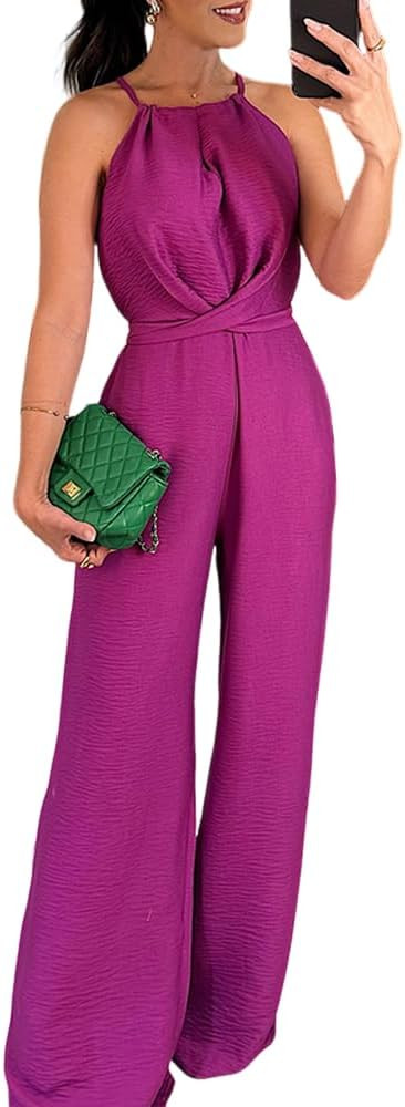 CHICME Women's Sexy Halter Jumpsuits Sleeveless Casual Ruched Rompers Wide Leg Jumpsuit | Amazon (US)