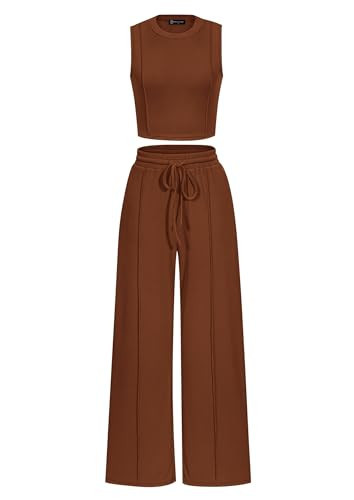 PRETTYGARDEN Women's Summer 2 Piece Loungewear Set Cropped Tank Top Wide Leg Sweatpants Tracksuit Casual Outfits (Brown,Medium) | Amazon (US)