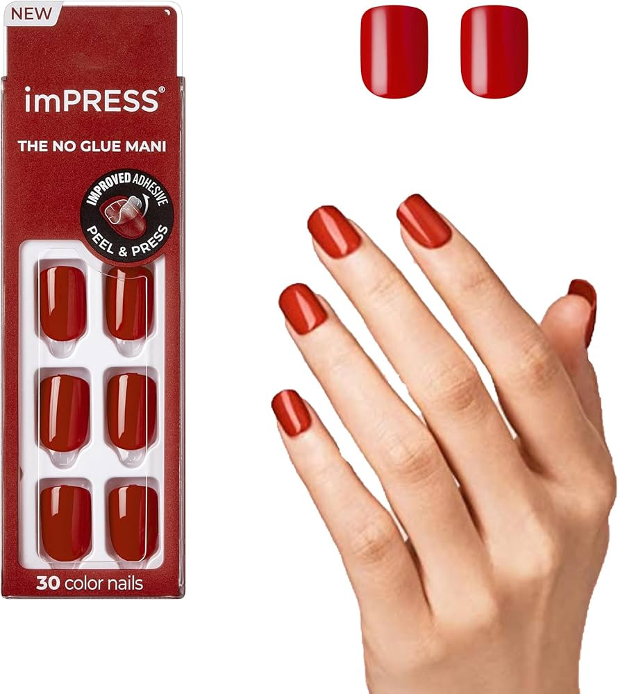 KISS imPRESS No Glue Mani Press On Nails, Color, 'Reddy or Not', Red, Short Size, Squoval Shape, ... | Amazon (US)