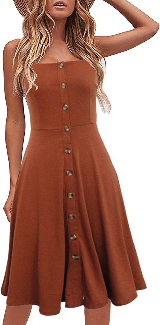 Berydress Women's Casual Beach Summer Dresses Solid Cotton Flattering A-Line Spaghetti Strap Button  | Amazon (US)