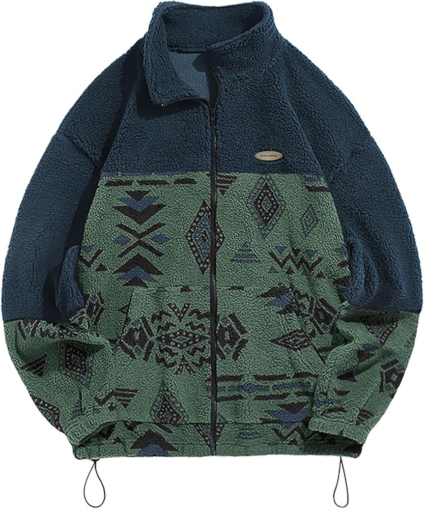 ZAFUL Men Ethnic Aztec Printed Fluffy Fuzzy Jacket Plush Fleece Casual Stand Collar Zip Outwear C... | Amazon (US)