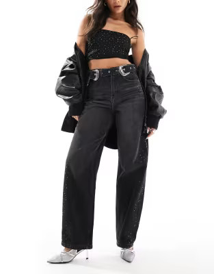 Bershka diamante western wide leg jeans in washed black | ASOS (Global)