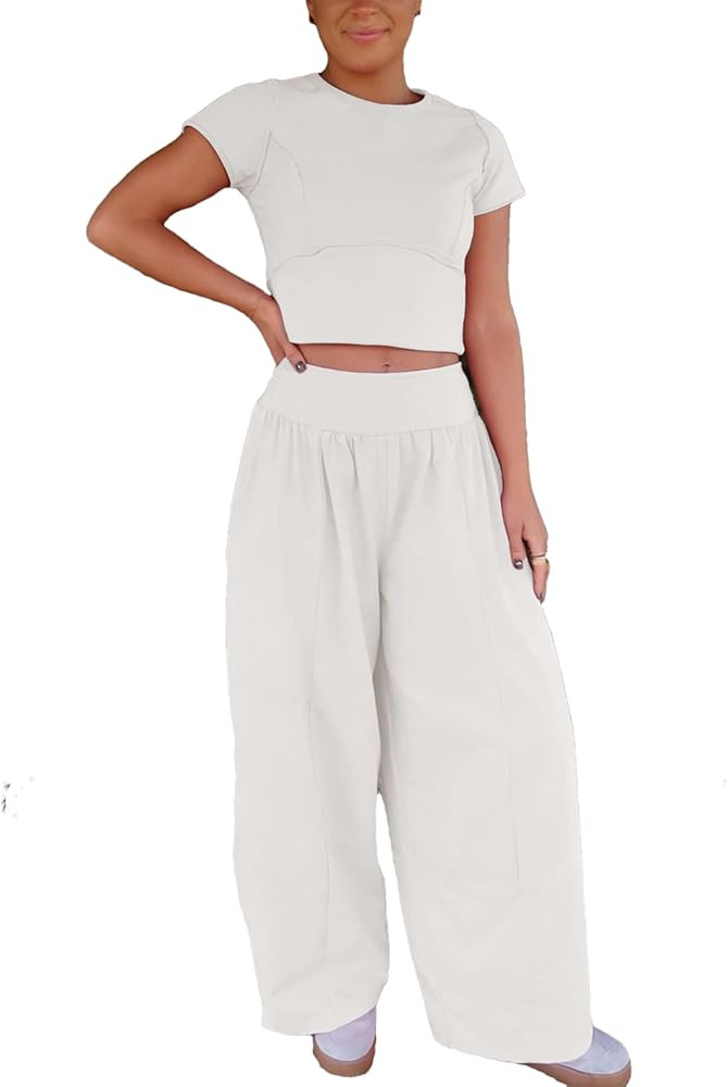 Zontroldy Women's 2 Piece Sweatsuits Sets Casual Cropped Top Sets Short Sleeve Shirts Athletic Tr... | Amazon (US)