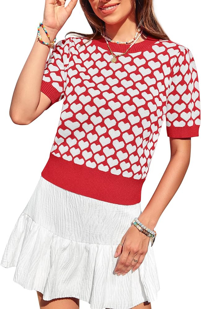 Women Puff Short Sleeve Sweater Casual Cropped Knit Shirts Cute Heart Holidays Graphic Print Pull... | Amazon (US)