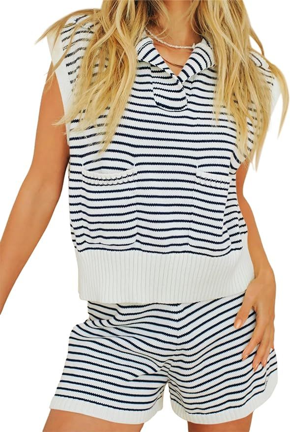 Imily Bela Womens 2 Piece Outfits Sweater Sets Striped Knit Sleeveless Pullover Top Shorts Lounge... | Amazon (US)