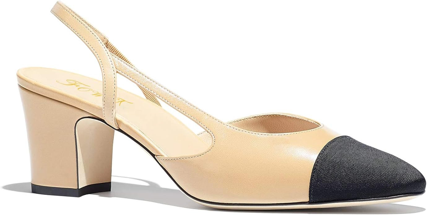 FOWT Chunky Heel Cap Toe Slingback Tow Toned Pumps for Women, Mid Block Heel Almond Pointy Toe Qu... | Amazon (US)