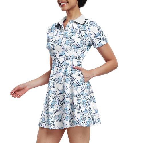 GGOV Womens Tennis Dresses Golf Dress Short Sleeve with Shorts Workout Athletic Dress(Blue Flower,Small) | Amazon (US)
