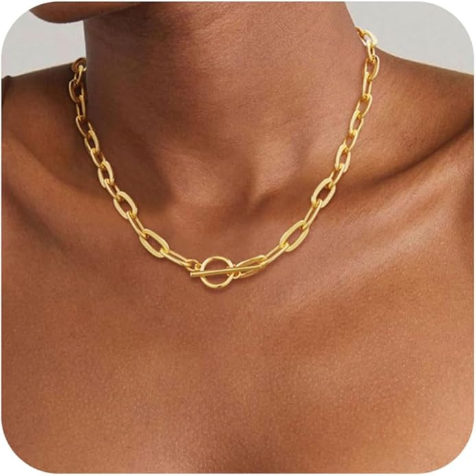 14K Gold Plated Necklace for Women Sweatproof, Non Tarnish Chunky Layered Chain Necklaces Thick G... | Amazon (US)