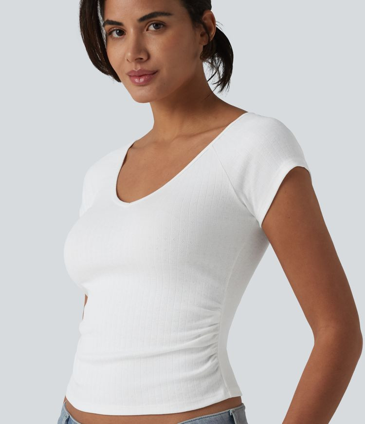 V Neck Short Sleeve Ruched Casual T-Shirt | HALARA