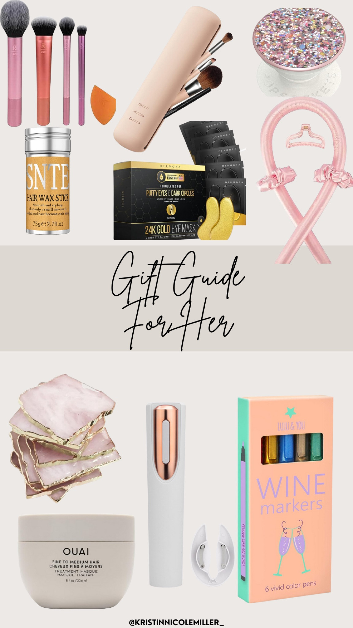Gift guide for her, makeup brushes, makeup brush, popsocket, hair stick, eye mask, heartless curlers, coasters, wine opener, wine marker, hair mask 

#LTKHoliday #LTKSeasonal #LTKGiftGuide