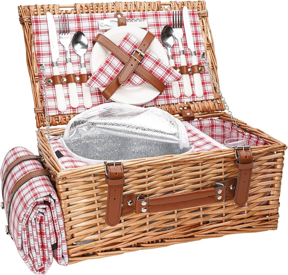 Wicker Picnic Basket Set for 2 Persons with Waterproof Picnic Blanket and Large Insulated Cooler ... | Amazon (US)