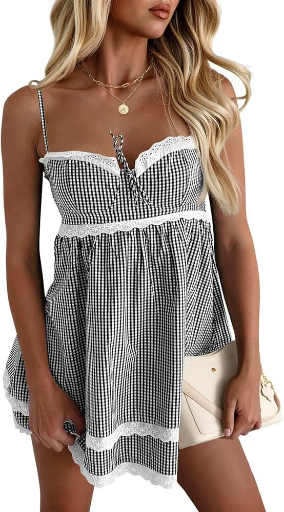 Wenrine Womens Summer Mini Dress Spaghetti Strap Sweetheart Y2K Plaid Lace Trim Tiered Beach Sund... | Amazon (US)