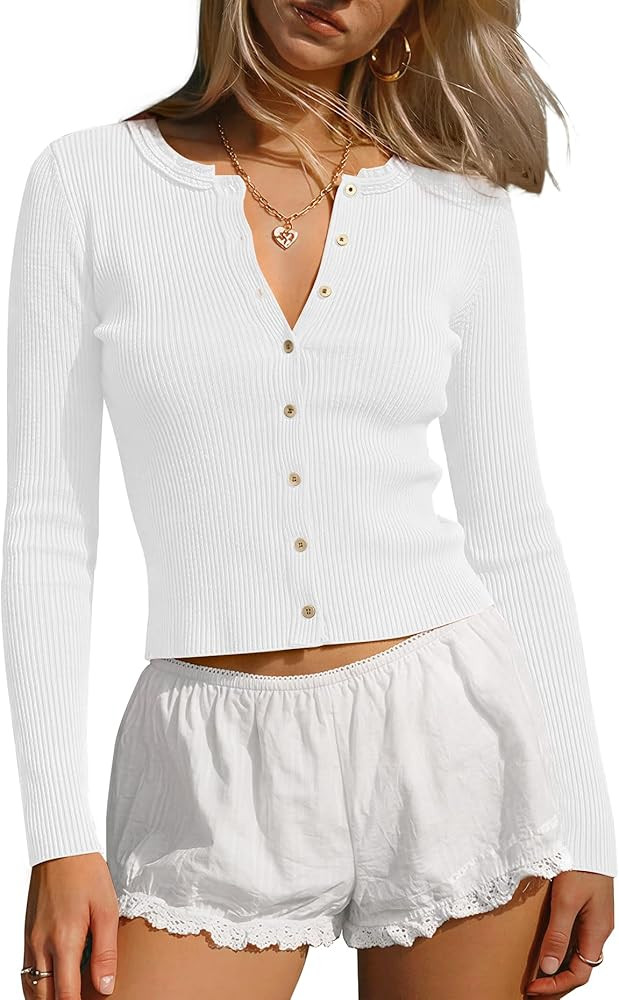 Darong Women's Long Sleeve Ribbed Knit Slim Fit Top Button Down Lightweight Cardigan Going Out Sh... | Amazon (US)