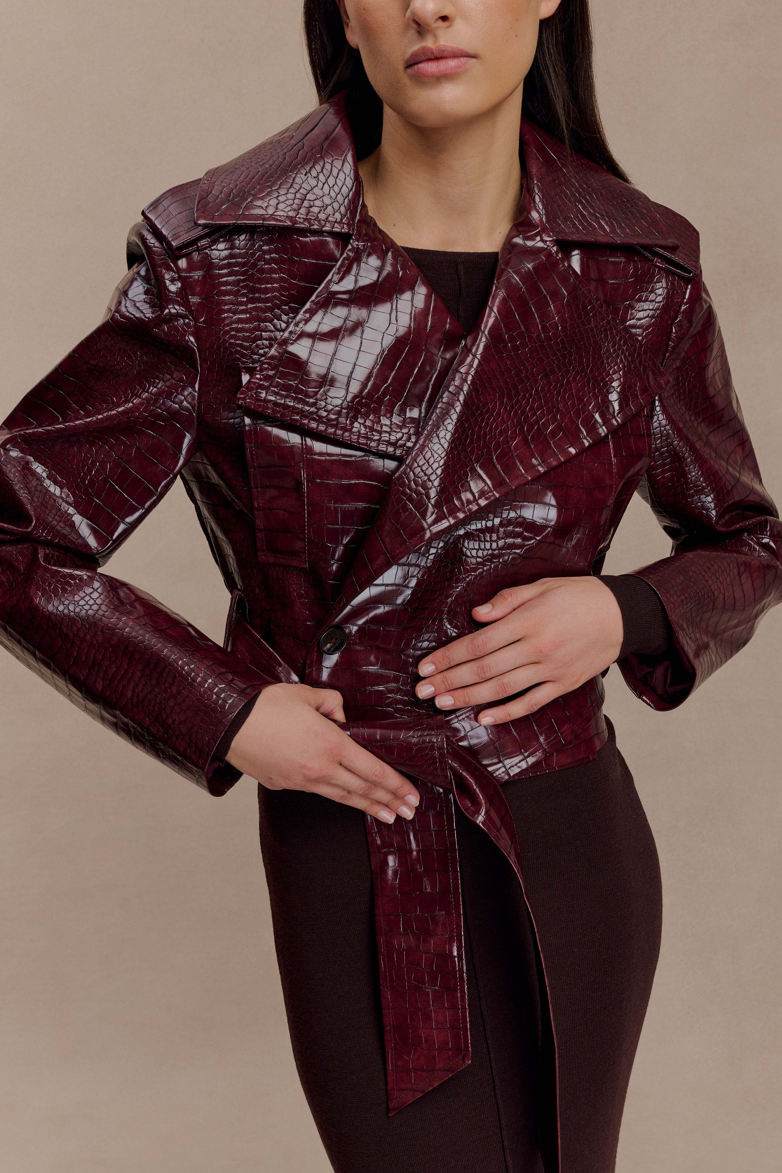 Archie Croc Faux Leather Cropped Jacket - Burgundy | MESHKI US