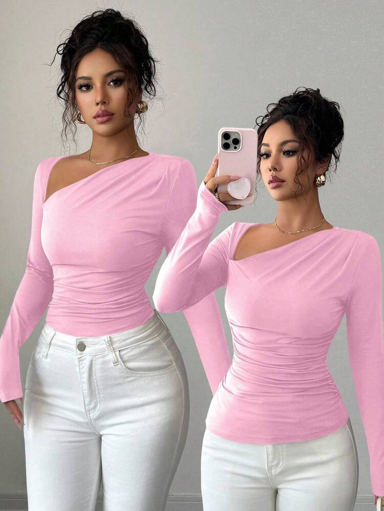 Elenzga Women's Fashion Pleated Asymmetric Collar Short Sleeve T-Shirt, Commuter Style Suitable For Autumn/Winter Everyday Wear, Can Be Worn Alone Or As An Undershirt | SHEIN