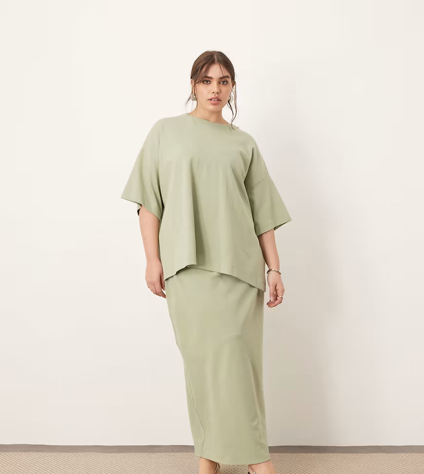 ARRANGE Curve premium heavy weight textured jersey column maxi skirt co-ord in pistachio-Green | ASOS (Global)