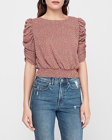 Printed Ruched Puff Sleeve Top | Express