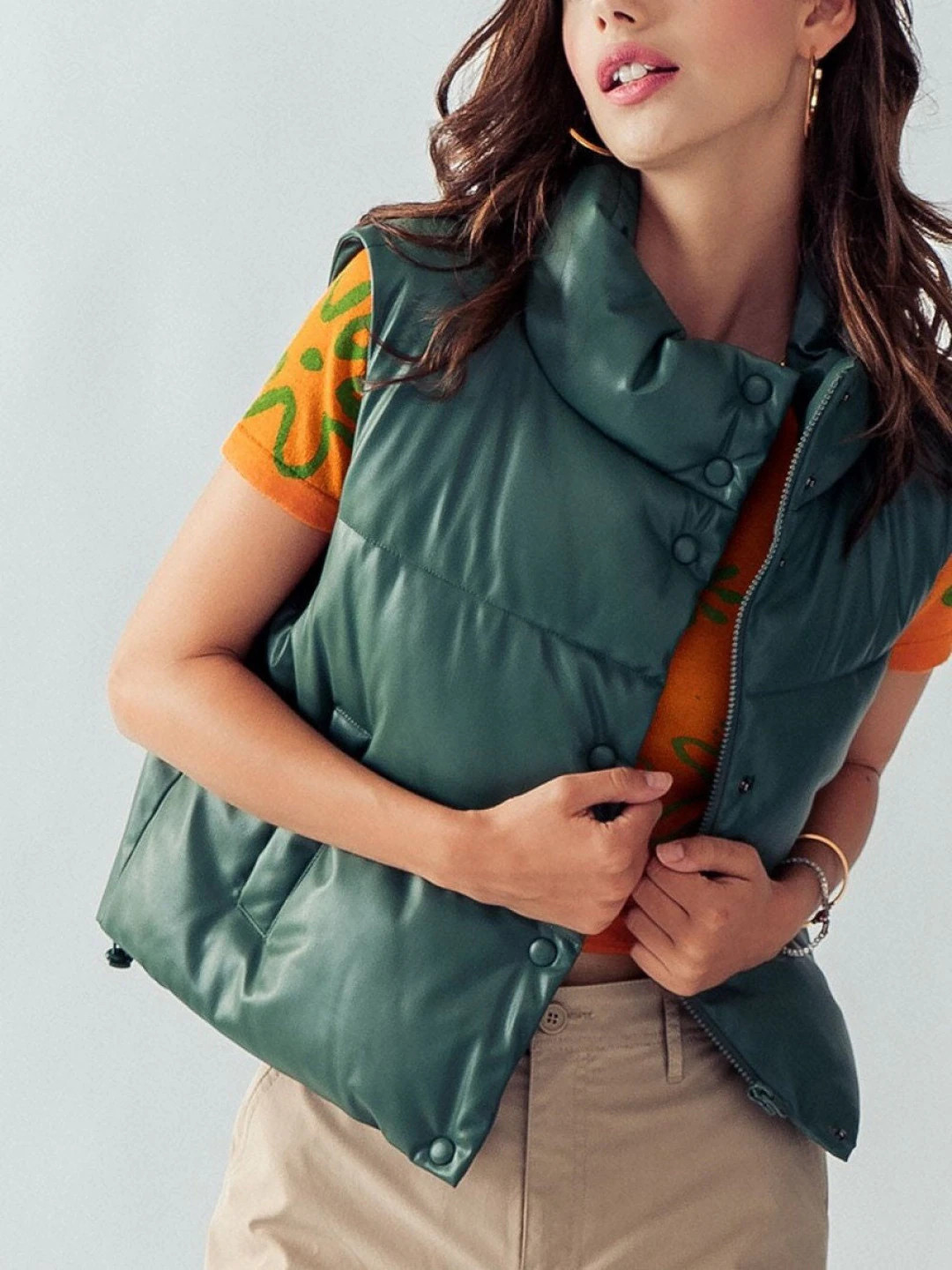 Faux Leather High Neck Collar Puffer Vest - Chic Streetwear Outerwear, Side Pockets, Full Lining,... | Etsy (US)