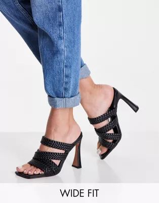 ASOS DESIGN Wide Fit Nuclear woven strappy high heeled mules in black | ASOS (Global)