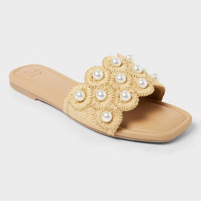 Women's Delaney Ornament Slide Sandals with Memory Foam Insole - A New Day™ Tan 7.5: Open Toe, Raffia Upper, Textured Outsole | Target