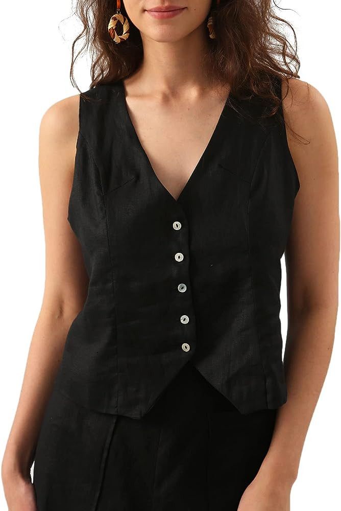 Amazhiyu Womens Pure Linen Sleeveless Button Down V Neck Crop Top Summer Vest Waistcoat | Amazon (US)