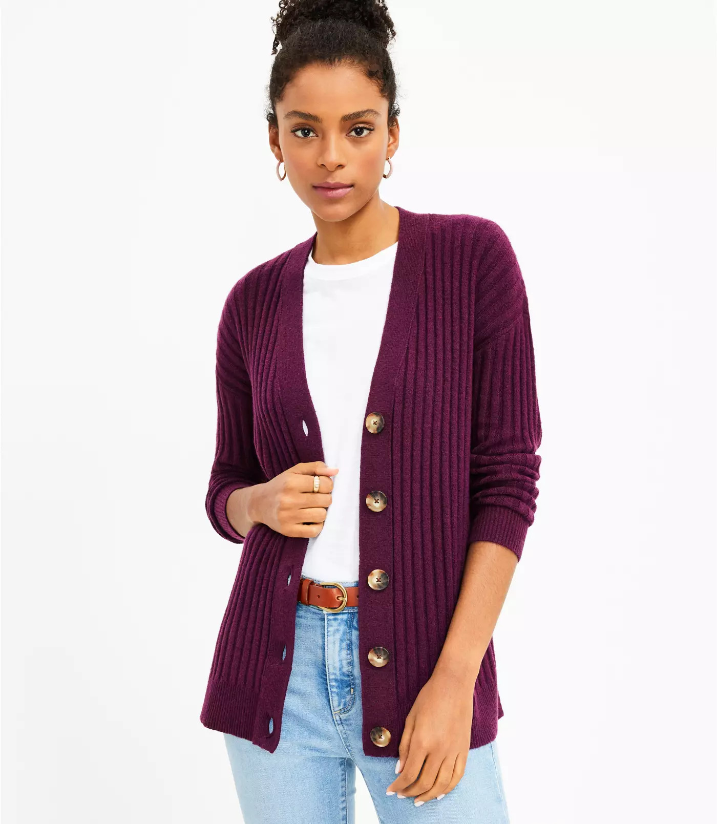 Ribbed Relaxed V-Neck Cardigan | LOFT