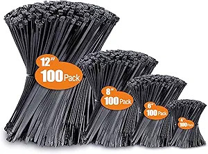Zip Ties Assorted Sizes(4”+6”+8”+12”), 400 Pack, Black Cable Ties, UV Resistant Wire Ties... | Amazon (US)