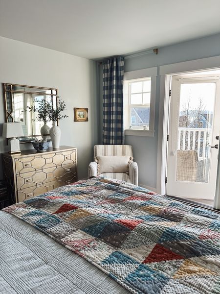 Bedroom spring decorating - patchwork quilt, coverlet, blue white buffalo check curtains (chambray color), acrylic and brass curtain rod  

#LTKstyletip #LTKhome #LTKSeasonal